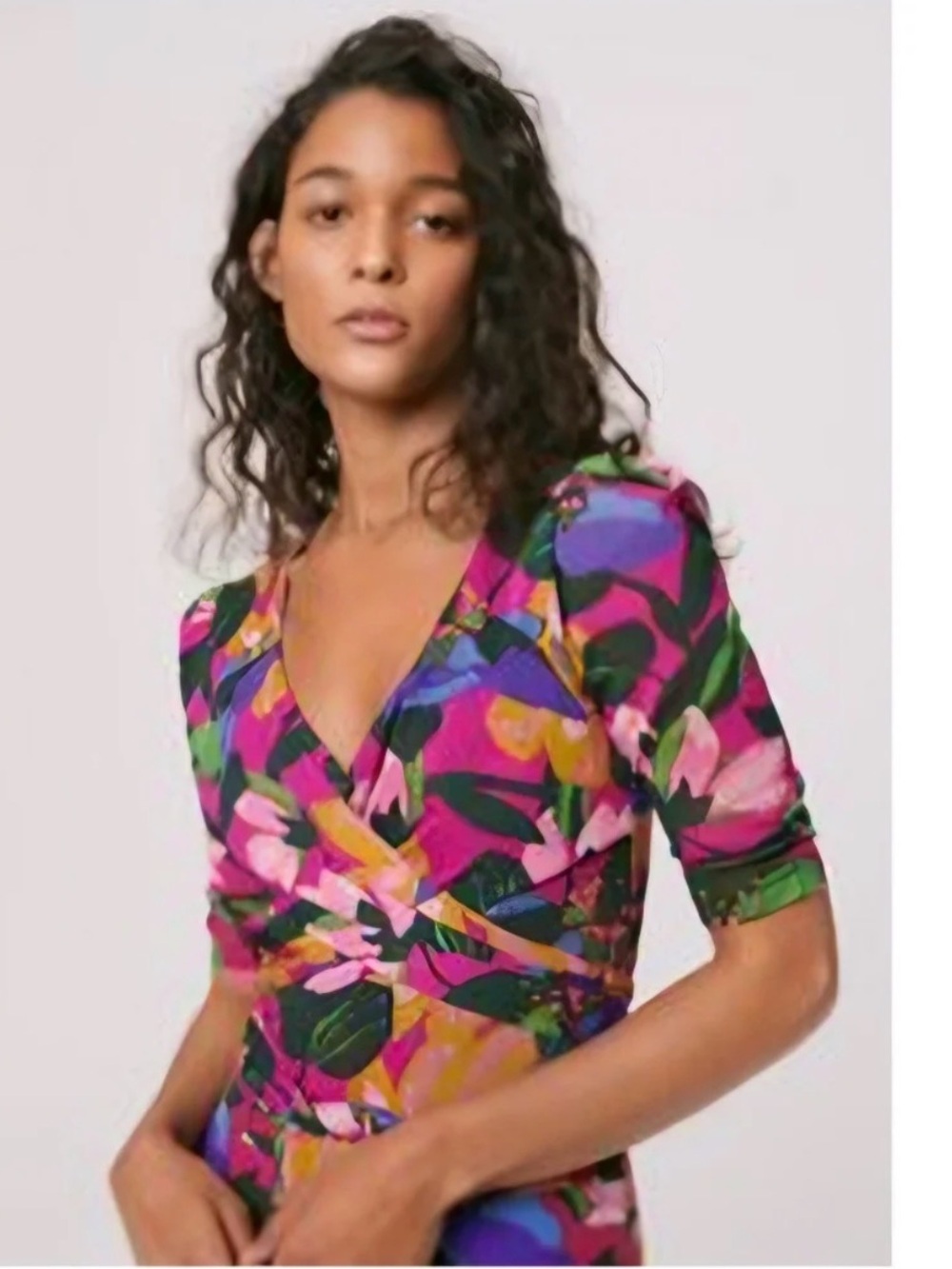 Diane Von Furstenberg Abbie Mesh Pink & Green Floral Wrap Bodysuit Large Colorfl